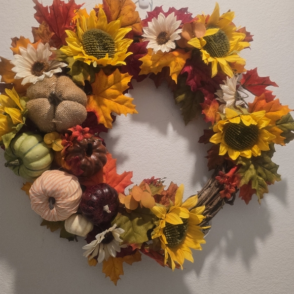Handmade Other - Autumn Harvest Wreath with Sunflowers and Pumpkins